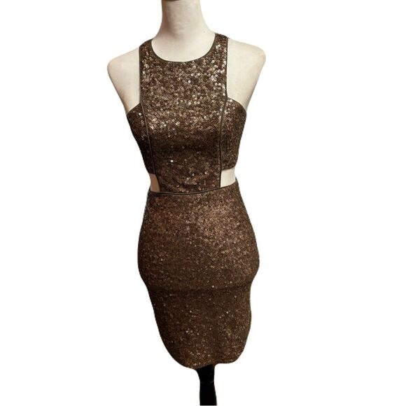 Express Golden Bronze Sequined Mini Cut Out Dress | Sz. 0| EUC - Picture 1 of 12